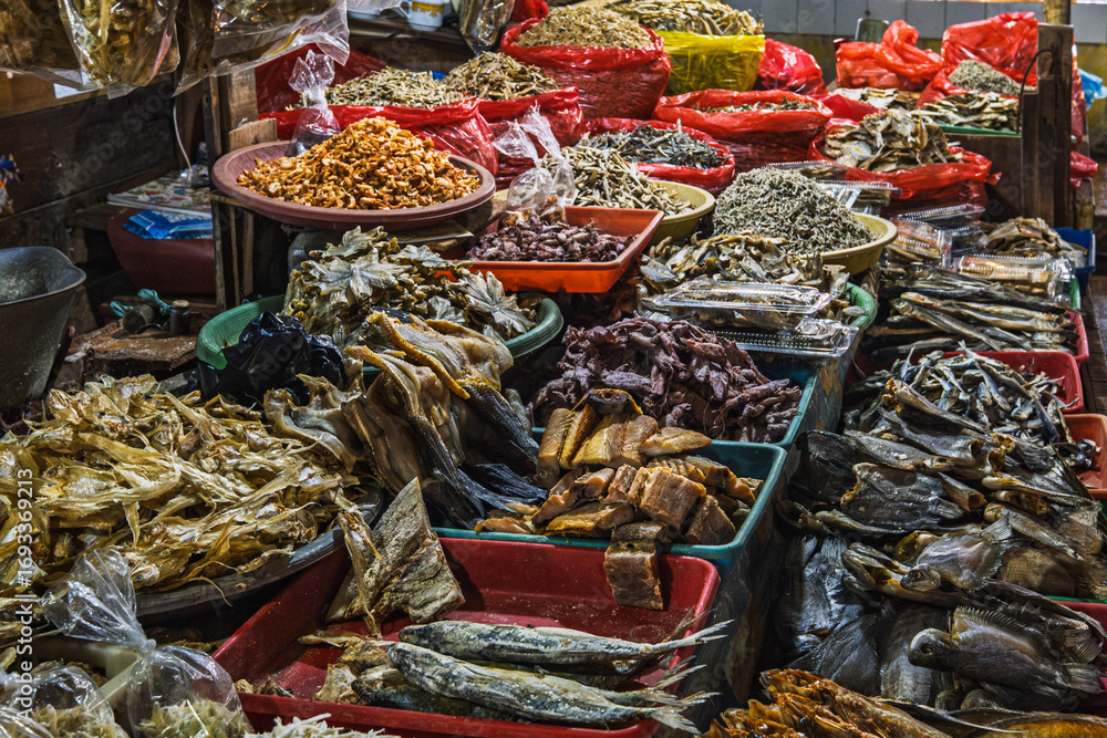 Fototapeta premium Assorted Dried Fish Display at Traditional Market
