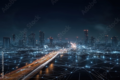 Wallpaper Mural A futuristic cityscape illuminated by blue lights, featuring a network of connections overlaying skyscrapers and roads, symbolizing technology and connectivity. Torontodigital.ca