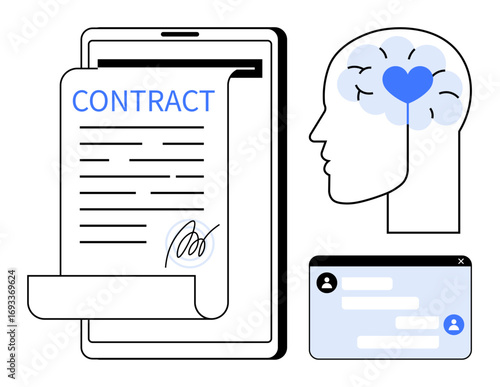 Digital contract on a tablet, human head with brain-heart design symbolizing emotional intelligence, and chat window. Ideal for technology, innovation, communication, legal, e-signature, psychology