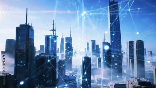 Futuristic city skyline with digital network connections, showcasing advanced technology and urban life