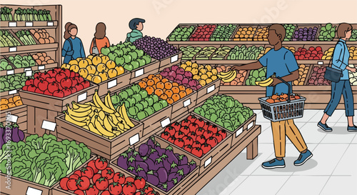 People shopping for fresh produce and using modern technology with coupons in a supermarket