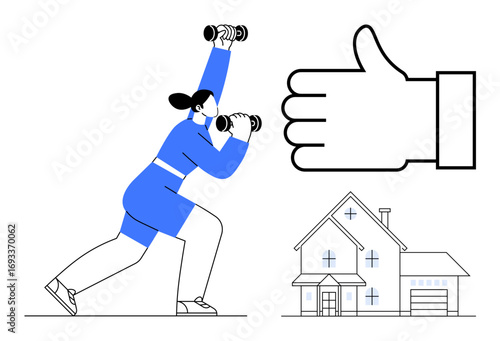Woman lifting dumbbells in lunge pose, large thumbs-up symbol, and a house concept. Ideal for fitness, motivation, wellness, positive lifestyle, home workout, strength training simple landing page