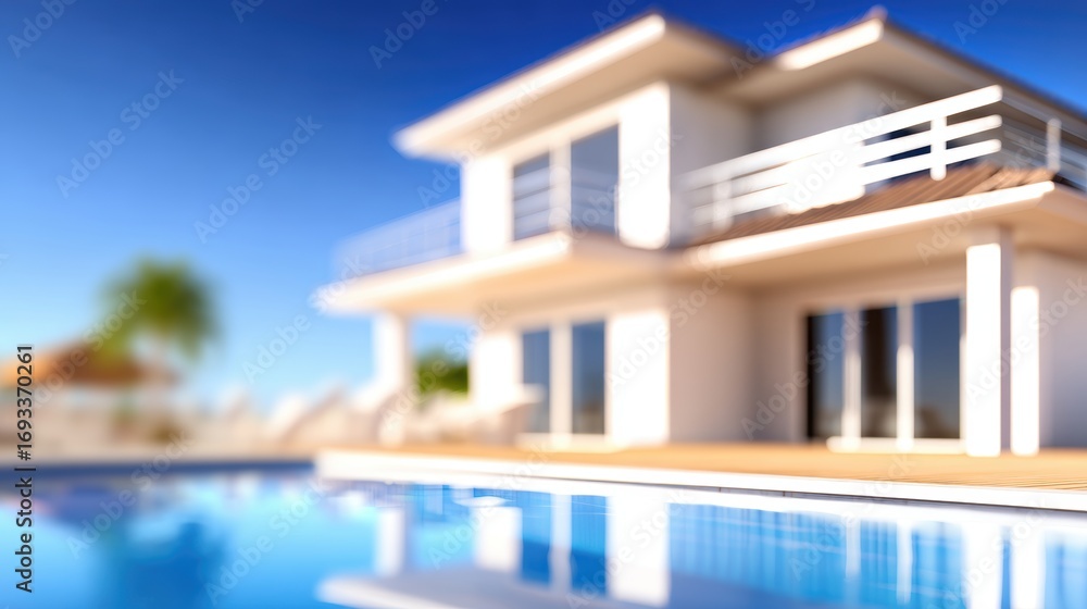 Obraz premium Modern villa with a swimming pool under a clear blue sky, showcasing luxurious outdoor living