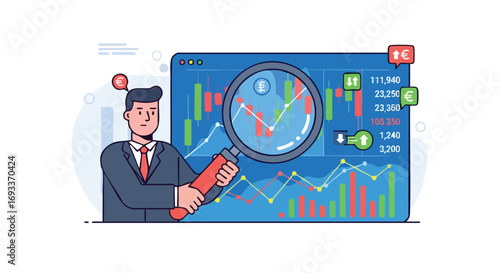 Businessman Analyzing Real-Time Forex and Stock Market Trends with Magnifying Glass on Digital Chart Interface