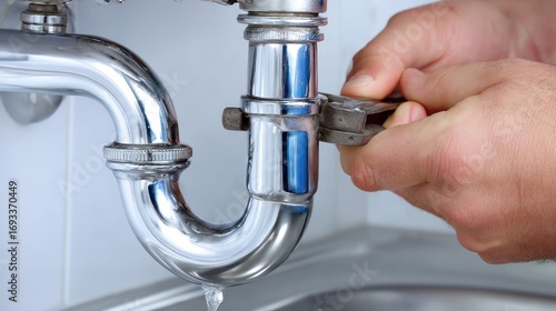 Hand Turning Water Shutoff Valve Under Sink in Plumbing Repair