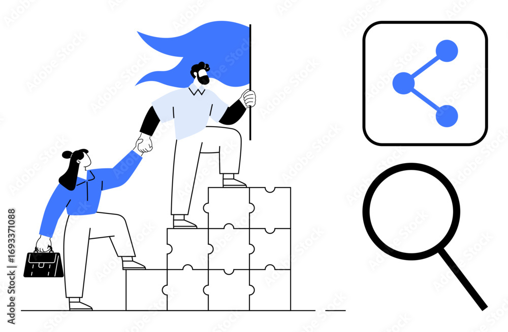 custom made wallpaper toronto digitalBusiness professionals ascending puzzle stack, holding hands, with a flag symbolizing leadership. Includes connection icon and magnifying glass. Ideal for teamwork, growth, success, collaboration
