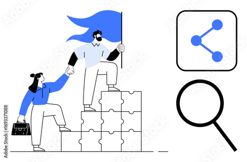 Wallpaper Mural Business professionals ascending puzzle stack, holding hands, with a flag symbolizing leadership. Includes connection icon and magnifying glass. Ideal for teamwork, growth, success, collaboration Torontodigital.ca