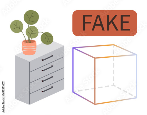 Potted plant on cabinet beside transparent 3D cube and bold FAKE label. Ideal for furniture design, home decor, falsification, transparency, deception, interior themes, simple flat metaphor