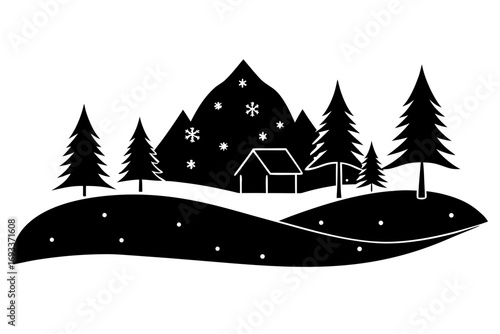 Snowy mountain cabin winter landscape illustration png