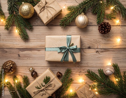 Rustic Christmas Gifts with Pine Branches, Pinecones, and Holiday Decorations