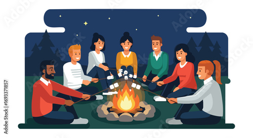 A group of friends roasting marshmallows around a bonfire at night.