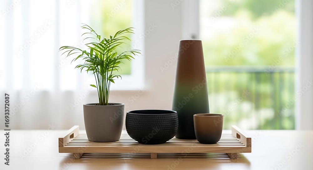 Obraz premium Indoor Plant and Vases on a Wooden Tray