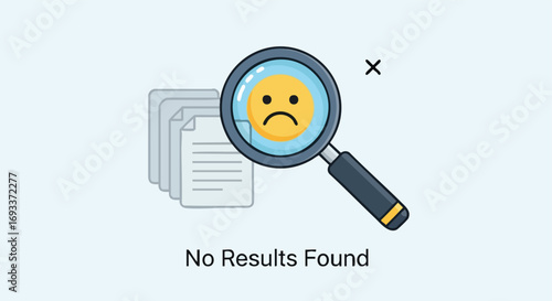 An illustration of a web search page with a magnifying glass and a sad face, indicating "No Results Found".