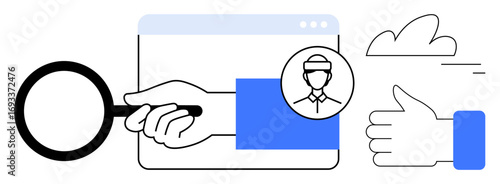 Hand holding magnifying glass over browser window, profile icon, thumbs-up gesture, and cloud. Ideal for user research, recruitment, success, identity, analytics feedback simple landing page