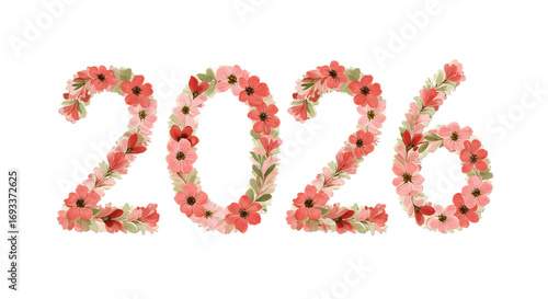 Floral 2026 New Year Design: Pink and Red Flowers Numerals png alpha channel isolated on transparent background