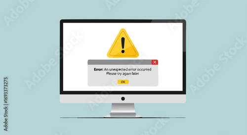 An unexpected error message and a warning sign displayed on a desktop computer monitor.