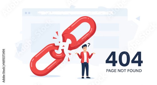 An error 404 page showing a broken link and a confused man.