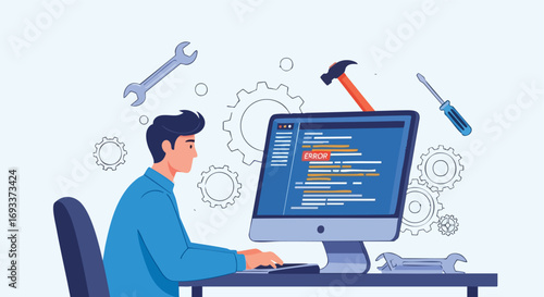 A male programmer fixing a system error on a computer while surrounded by tools and gears.