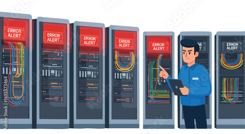 A technician pointing at a server rack with an 'Error Alert' message in a data center.