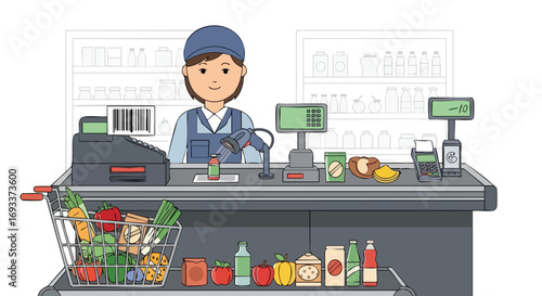 A supermarket cashier scanning groceries for a customer at the checkout counter.