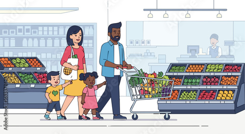 A family with two children shopping for groceries together in a supermarket.