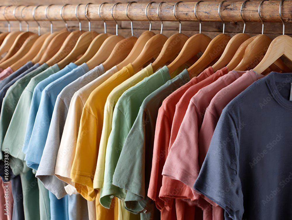 Obraz premium Colorful t shirt collection hanging on wooden hangers in closet, showcasing variety of soft fabric and casual style