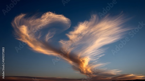 A beautiful, heart-shaped cloud formation, illuminated by the soft, warm light of a sunset, gracefully stretches across a vibrant blue sky.