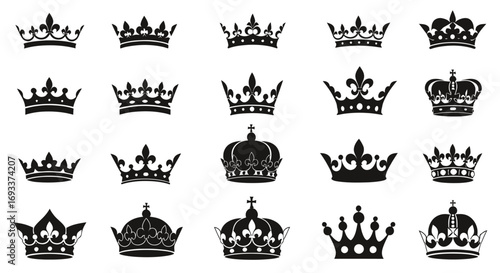 Download this set of 20 vector crown icons, available in PNG format, perfect for adding a regal touch to your designs, logos, or websites.  These versatile crown illustrations are ideal for various