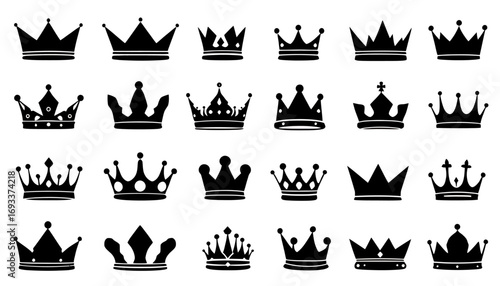 Elegant vector set of diverse crown designs, perfect for graphic elements, logos, or decorative accents with a touch of royalty and sophistication.