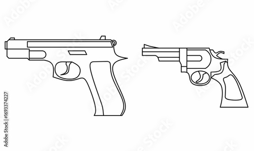 set of icon handguns,illustration semi automatic pistol and revolver in outline, blank,line,sketch weapon icons for design, security, crime, and military concept. isolated white background. 