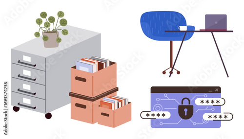 Organized workspace with drawer, file boxes, desk setup, plant, and digital lock interface. Ideal for office organization, data management, cybersecurity, privacy business productivity simple flat