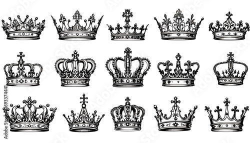 A collection of elegant, detailed vector crown illustrations in PNG format, perfect for graphic design and royalty-themed projects.