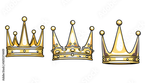 Three golden crowns, each with a unique design and regal appearance, are presented as vector graphics suitable for a variety of design projects.