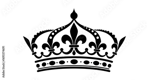 An elegant black silhouette crown, adorned with classic Fleur-de-lis motifs, represents royalty, power, and luxury, isolated on a clean white background.