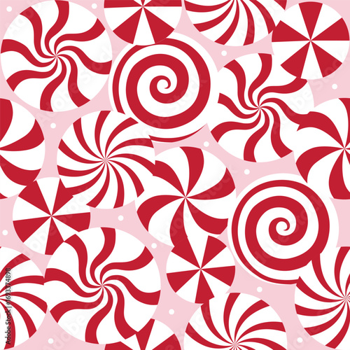 Seamless Christmas Red And White Candy Peppermint On Pink Background