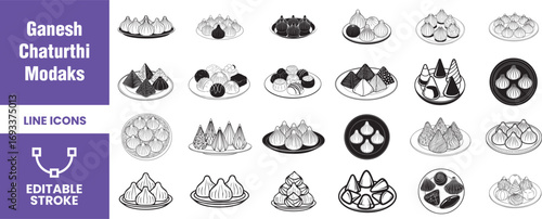 Set of twentyfour ganesh chaturthi modaks vector illustration of a traditional indian sweet line icon set, editable stroke food and culture