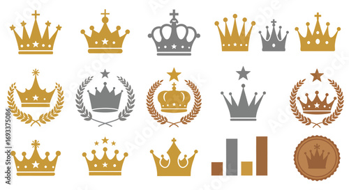 Collection of vector crown icons in gold and silver, symbolizing royalty, success, and prestige, perfect for graphic design.