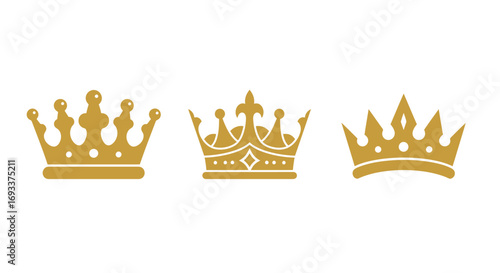 A collection of three golden crown illustrations, perfect for royalty, heraldry, and design projects, presented as a vector graphic on a clean white background.
