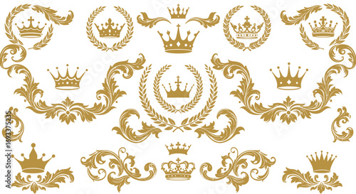 Elegant golden ornate crowns and decorative elements in a vintage baroque style, perfect for royal insignia and luxury branding.