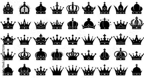 High-quality vector PNG collection of 30 distinct crown icons, perfect for heraldry, logos, and design projects needing a royal touch.  These versatile crowns are easily scalable and adaptable to