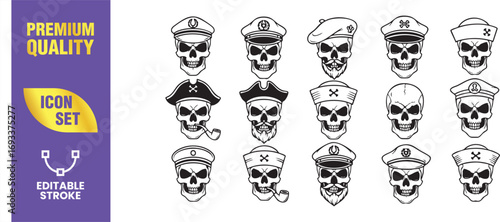 Set of sixteen skull icons collection of skulls in different hats and caps pirate, captain, sailor, officer, and other headwear vector illustration