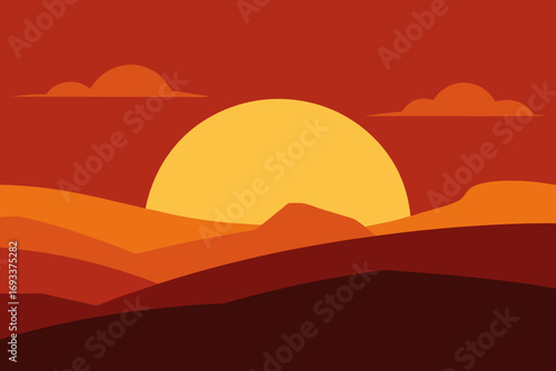 Vibrant sunset over rolling hills with stylized clouds and warm color palette