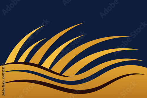 Abstract golden waves and blades against a dark blue background