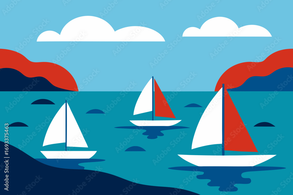 Naklejka premium Three sailboats with red and white sails glide across a blue ocean