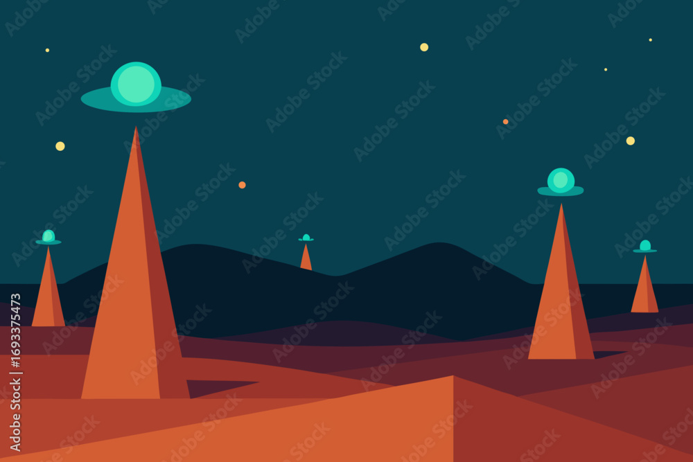 Naklejka premium Alien spacecraft hover over a desolate alien planet landscape at night