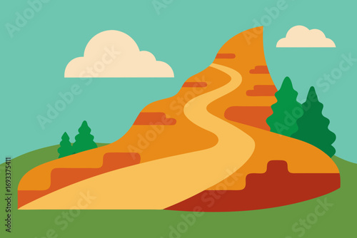 Stylized illustration of a winding path leading up a vibrant orange mountain under a blue sky