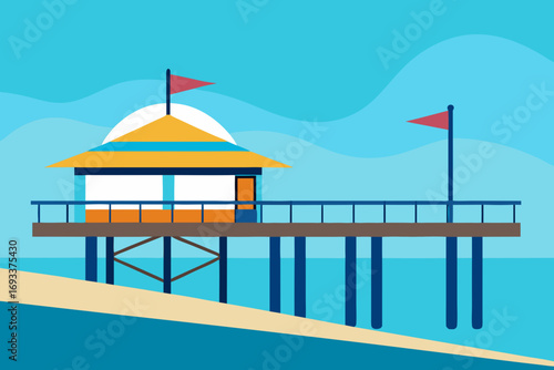 Colorful beach pier with lifeguard station overlooking the ocean and sandy shore