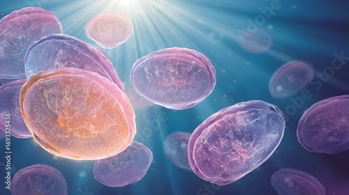 A captivating underwater scene showcases numerous translucent jellyfish, illuminated by sunlight beams, creating a serene and mesmerizing visual.