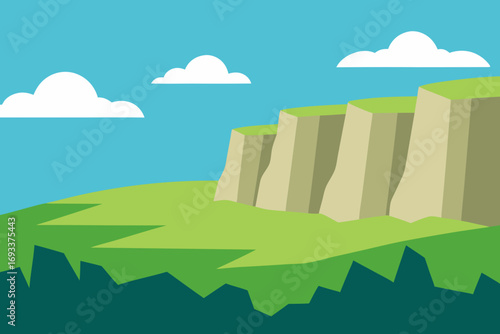 Flat design landscape with green hills cliffs and fluffy clouds under a blue sky