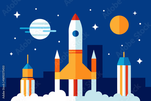 Colorful cartoon rocket launching into the starry night sky with planets
